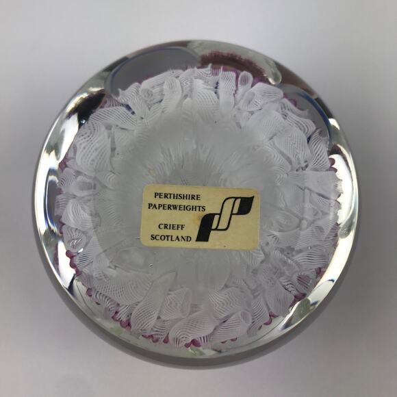 Perthshire 1996B Blue Flower on Lace Floral Pink Daisy Canes Faceted Paperweight - Picture 2 of 13